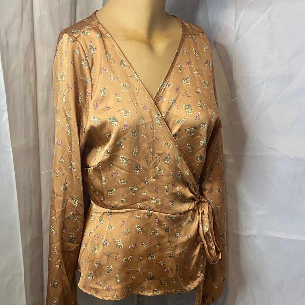 Chocolate Floral Satin Wrap Blouse